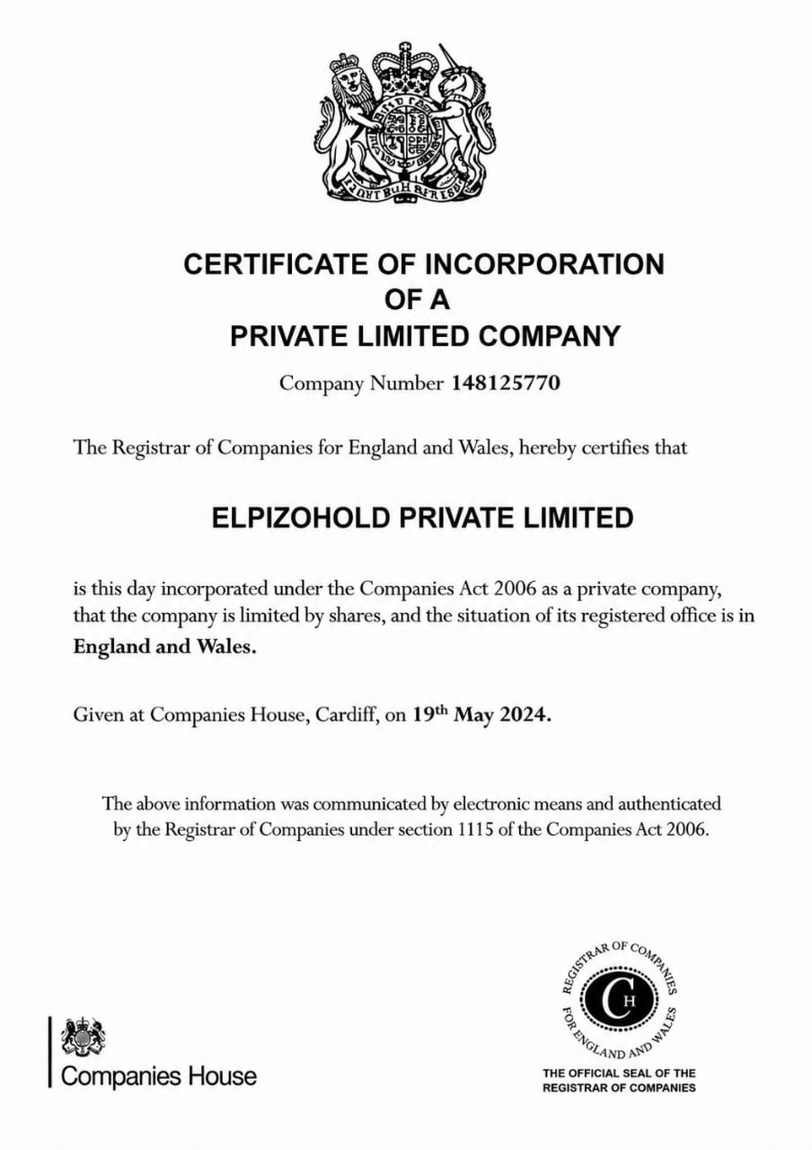 Certificate of Incorporation - ElpizoHold LTD